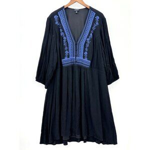 Torrid Dress Womens Pullover Long Sleeve Gauze Embroidered V-Neck Lined Black 4X